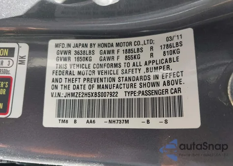 2011 Honda Insight Lx z USA, uszkodzony, nr VIN JHMZE2H5XBS007922